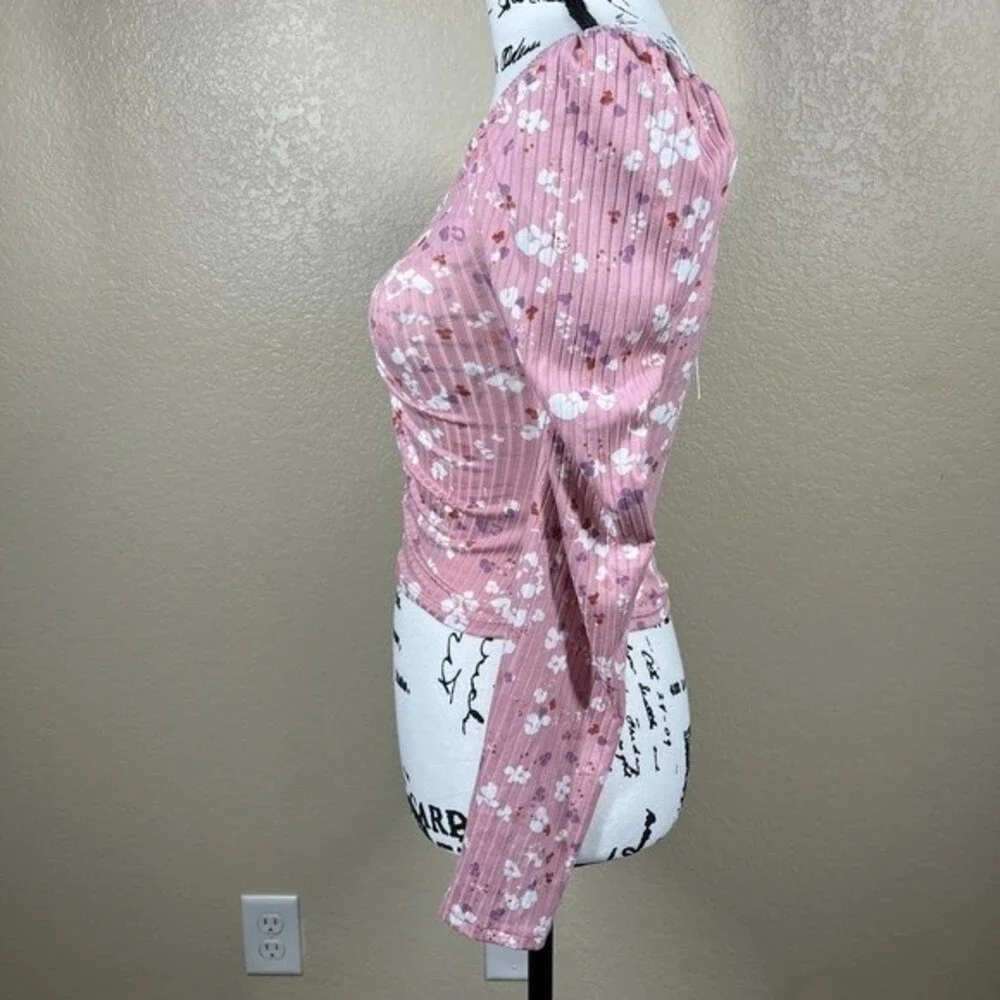 Antistar Pink top White floral  print long sleeve front ruched crop top size S